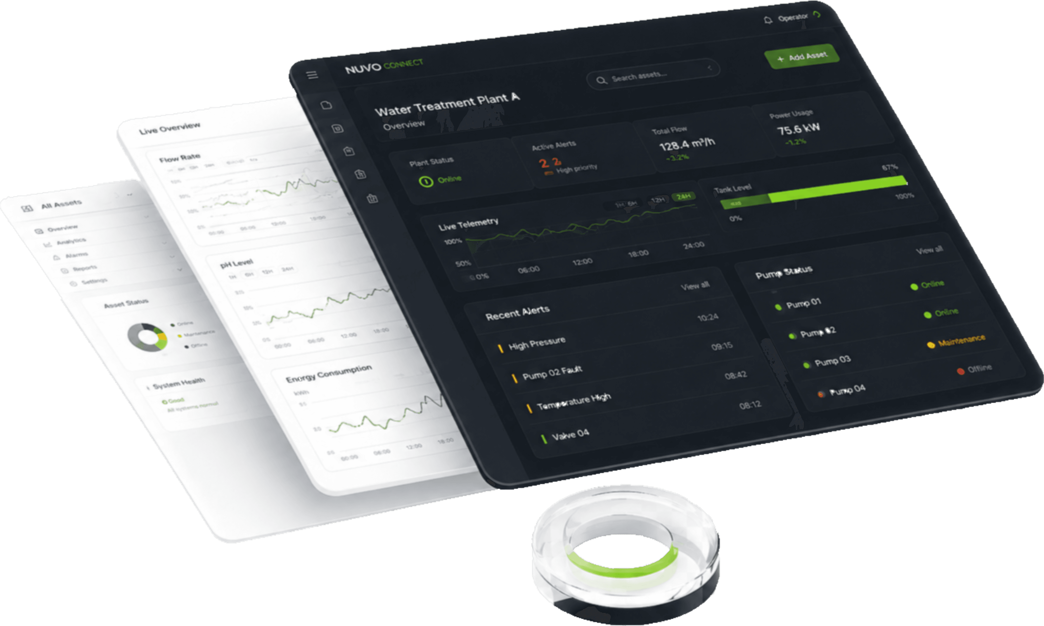 A composition of devices showing Nuvio-built software running across mobile, tablet and dashboard surfaces.